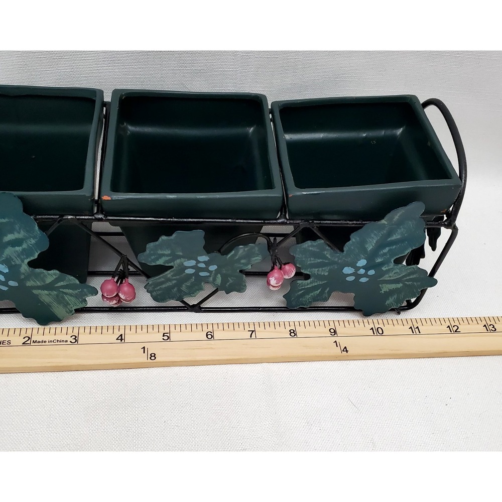 Vintage Square 3 Green Clay Pots With Metal Ivy‎ Leaves Planter Rack 11" x 4" - Picture 6 of 9